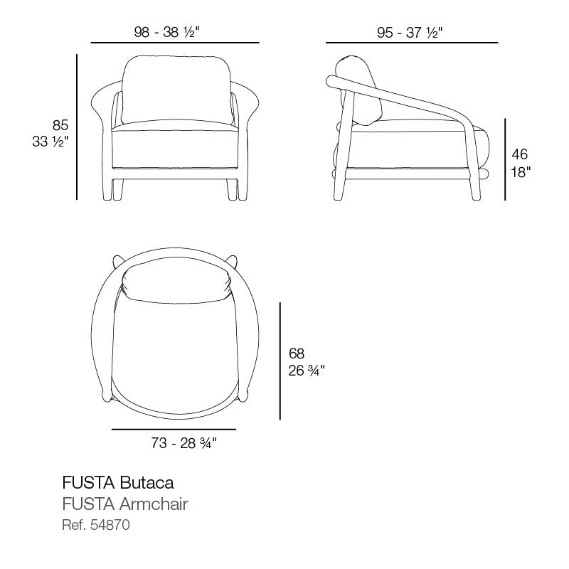 dimensions FUSTA Vondom upholstered wooden lounge chair