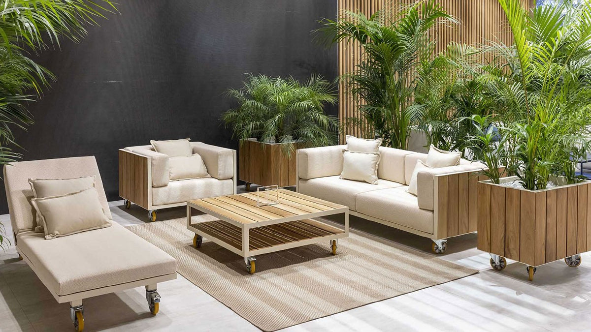 VINEYARD Lounge - Fauteuil Moelleux à Roulettes Structure Bois Exotique Teck