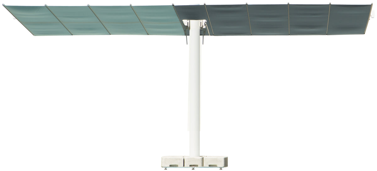 Possible combination Flexy Twin Shading System with one Central Pole Two Canopies and a Gutter (optional)