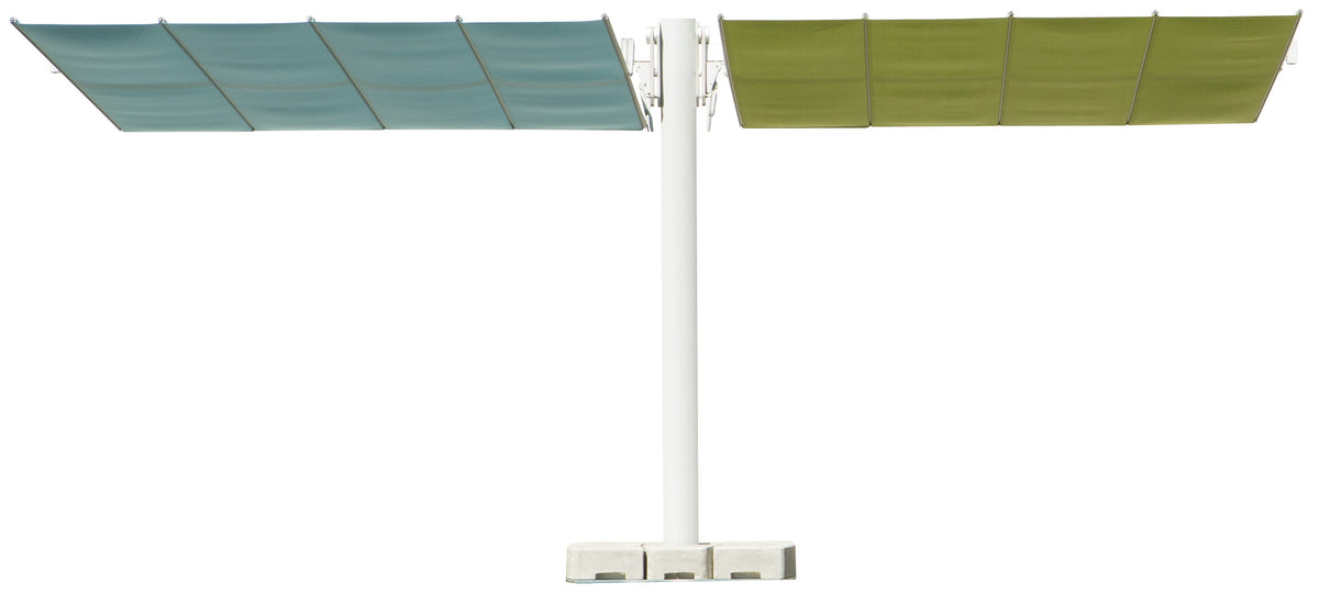 Possible combination Flexy Twin Sun Shade System with one Central Pole and Two Awnings by Fim