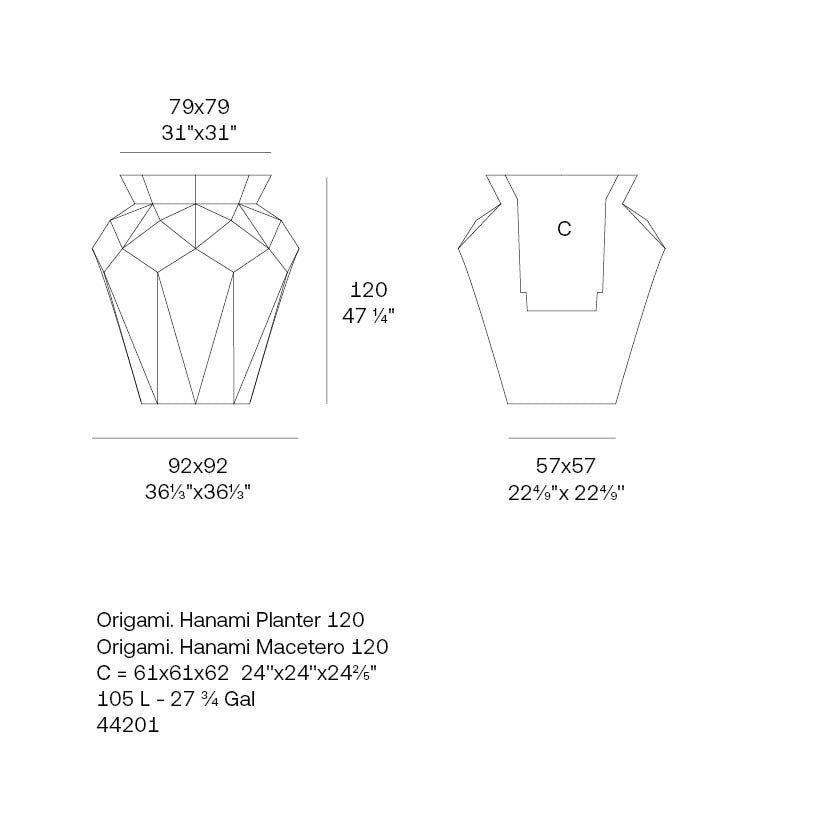 Dimensions of the Vondom origami hanami flower pot