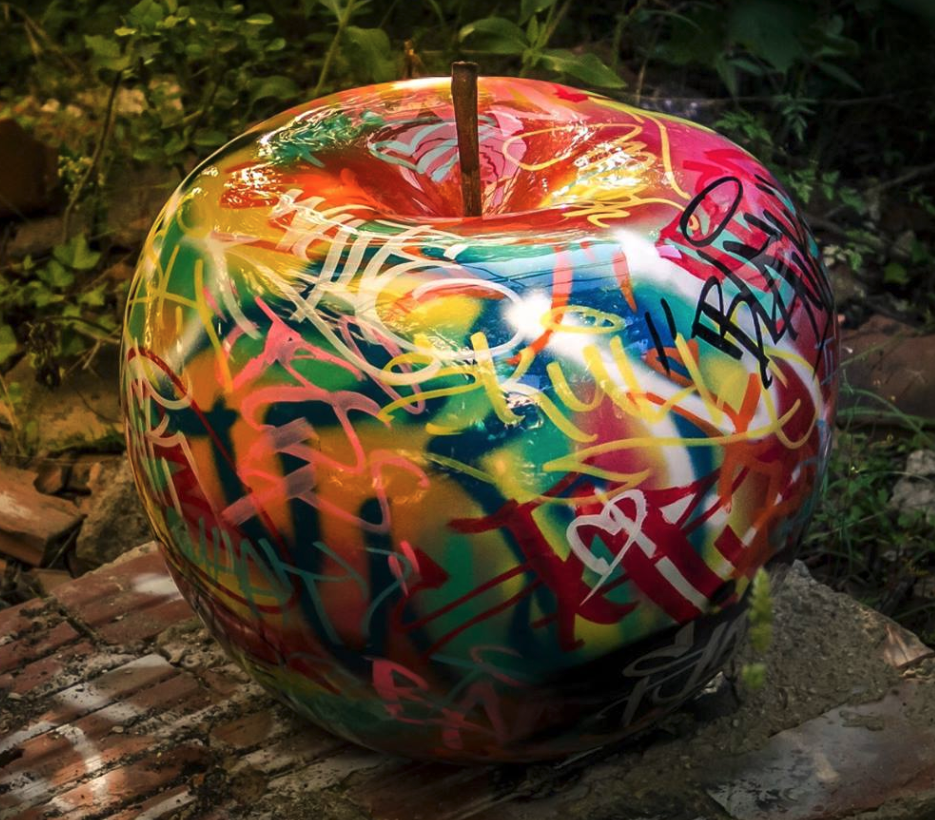 Apple Sculpture with Graffiti Bull & Stein