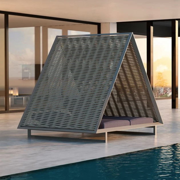 Lit de Jardin Design - DAYBED FRAME VINEYARD STEEL - Vondom - Toit en Cordes Tressées - 2 Matelas Inclinables Tissu Silvertex