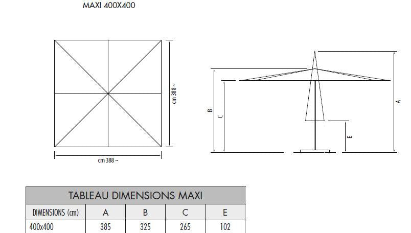 Maxi - Dimensions Parasol Carré à Pied Central - Fim
