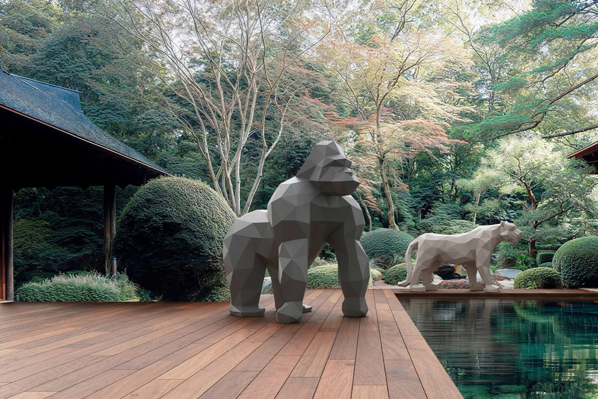 origami sculpture of a gorilla on a terrace