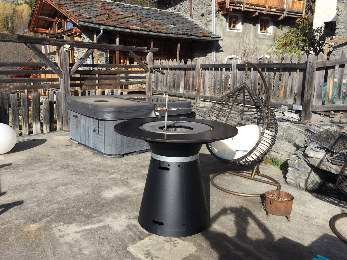 Mountain restaurant with high table brazier and wood barbecue FUSION de VULX