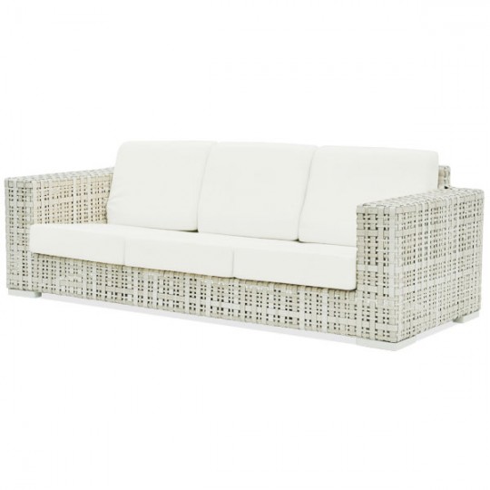 an outdoor side table with woven baskets