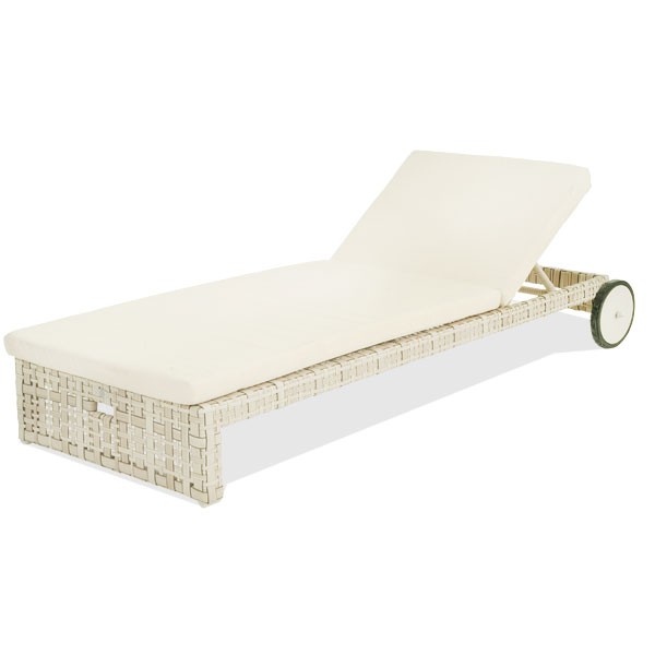 a wicker chaise lounge with a white cushion