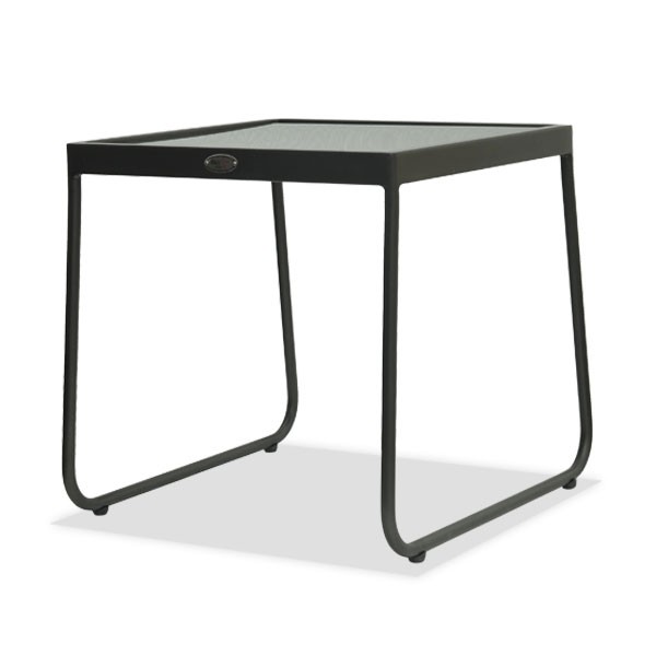 a black side table with a glass top