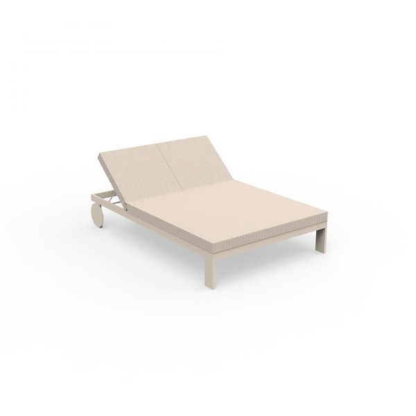 beige chaise longue two seat, with a woven texture, a light grey metal frame, reclining and equipped with wheels