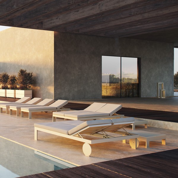 modern outdoor pool, four white sun loungers 2 seats,