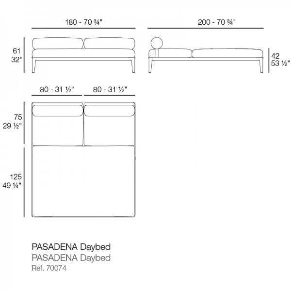 dimensions du bain de soleil rembourré 2 places en aluminium pasadena vondom