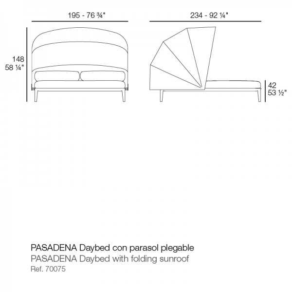 Dimensions of the PASDENA Vondom 2-seater sun lounger with sunroof