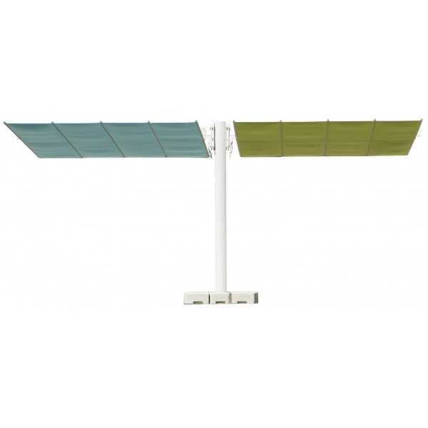 Possible combination Flexy Twin Sun Shade System with one Central Pole and Two Awnings by Fim