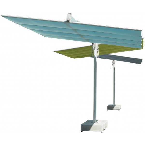 Possible combination Flexy Twin Umbrella with two Posts and three Independent Tilting Canopies by Fim