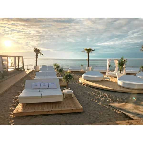 Different VELA DAYBEDS Round and Square, with Canopy, Sun Beds on a beach in Valencia, Spain