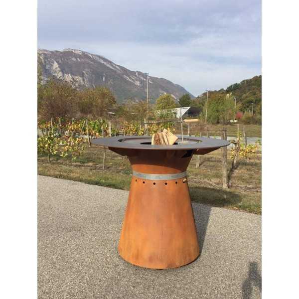 Table haute extérieur brasero plancha au bois FUSION de VULX couleur acier Corten en option