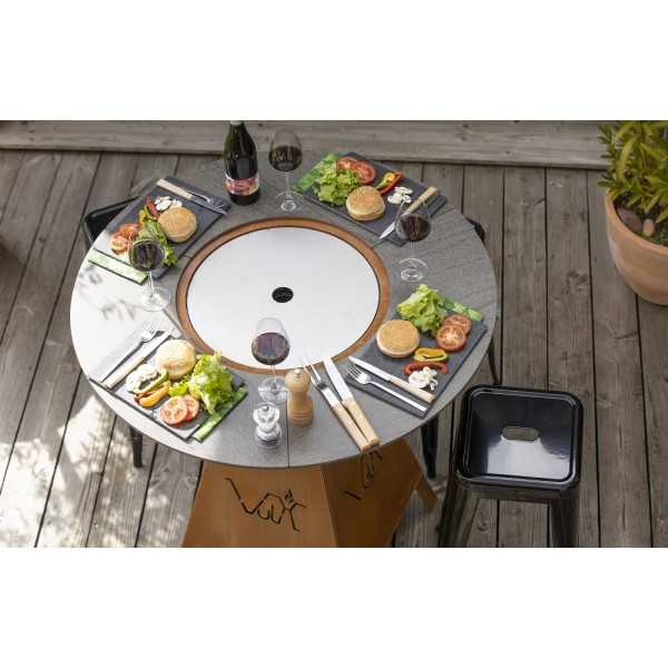 Table haute Extérieur avec brasero plancha au gaz intégré MAGMA Gaz de VULX couleur Corten