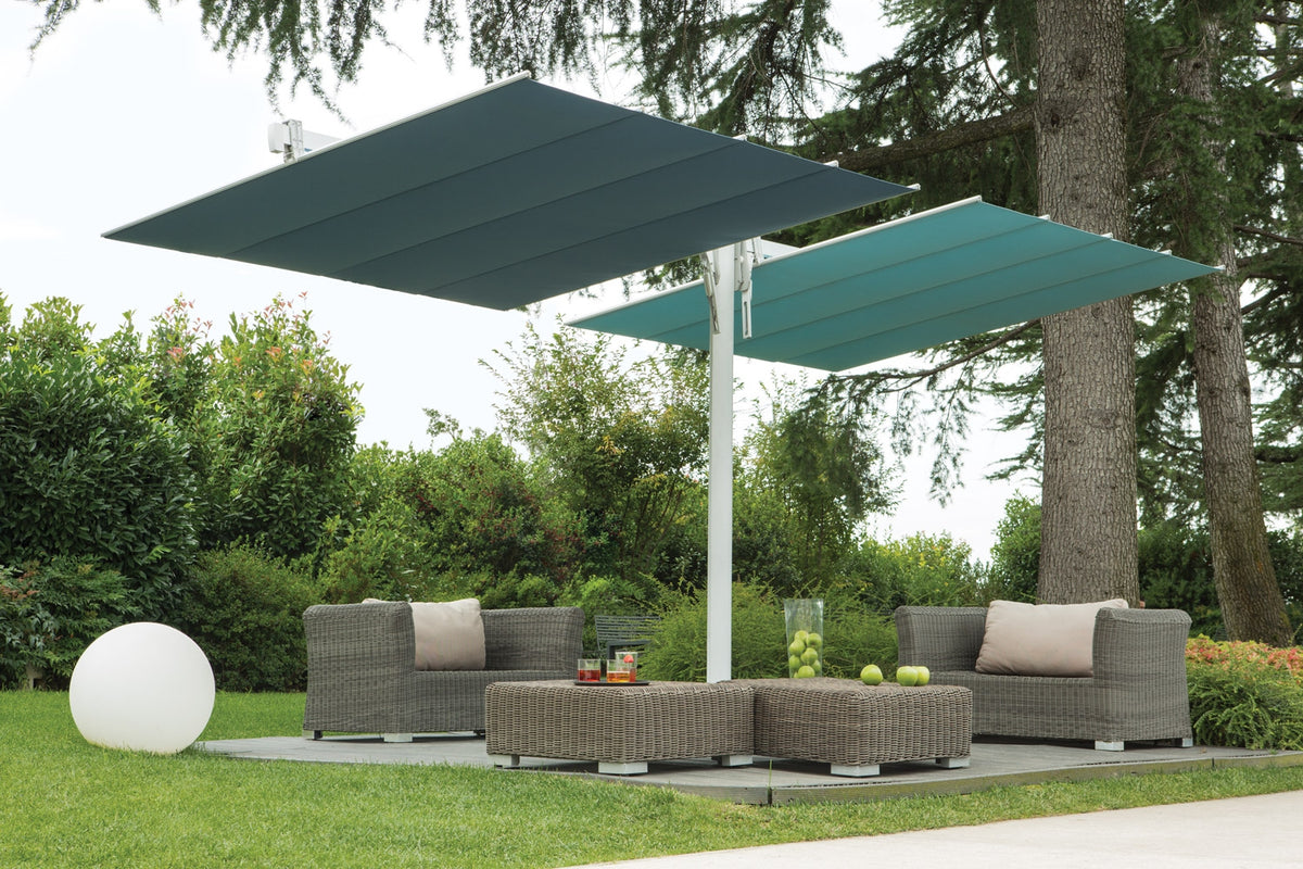 Flexy Twin Umbrella with Two Shade Wings on a Terrace