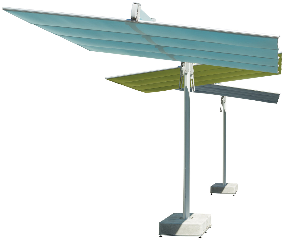 Possible combination Flexy Twin Umbrella with two Posts and three Independent Tilting Canopies by Fim