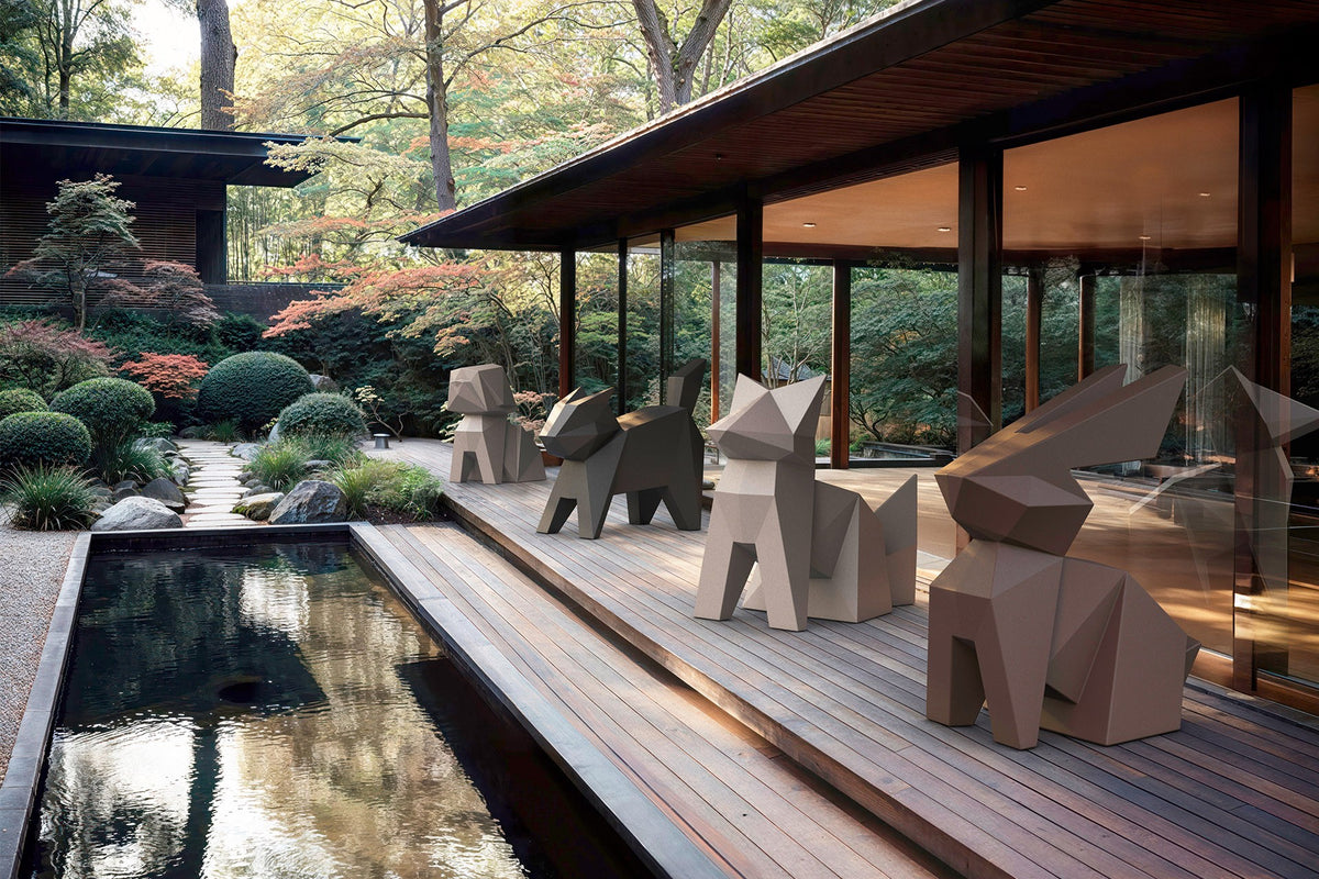 Terrace with several large Usagi Origami rabbit garden statues by Vondom