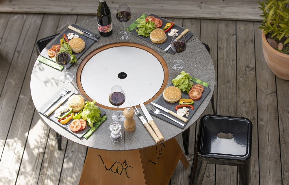 Outdoor high table with integrated gas grill MAGMA Gas from VULX in Corten colour