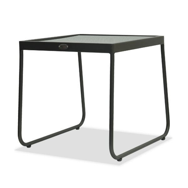 a black side table with a glass top