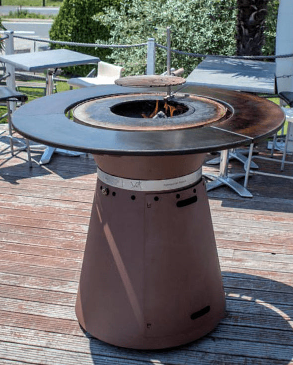 Cooking grid and CORTEN steel in options for the outdoor high table FUSION BOIS de VULX