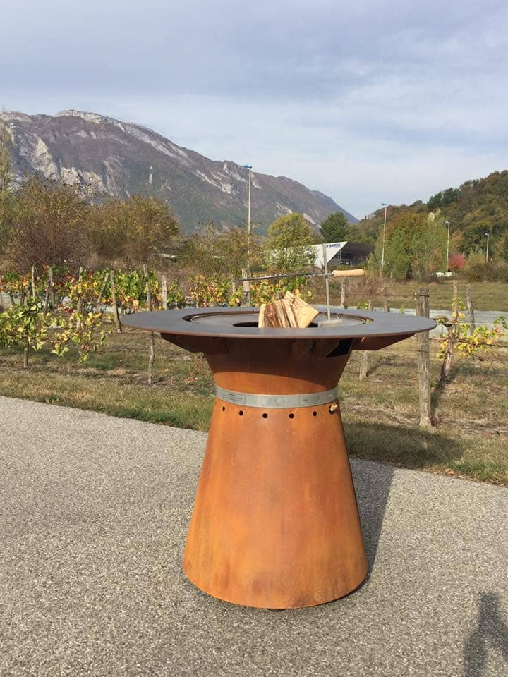 High table outside brazier wood grill FUSION by VULX in Corten steel colour as an option