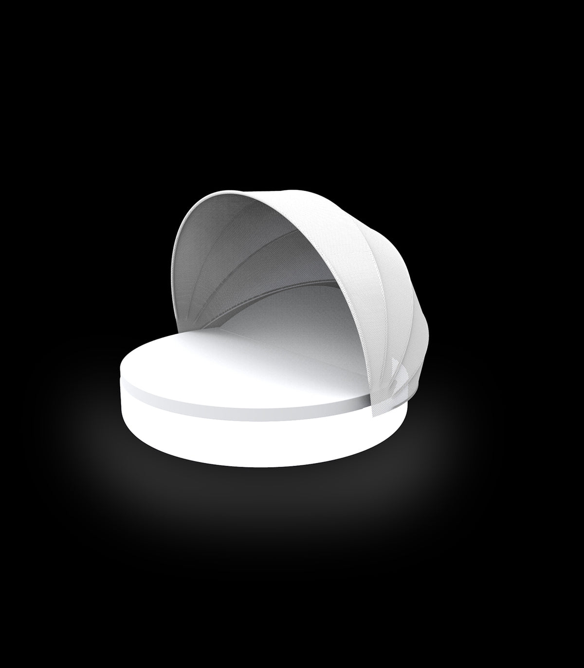 White Outdoor Daybed with White Cushion and White Umbrella, Lighted Base