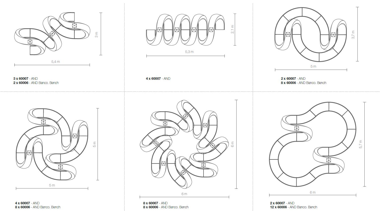 Différentes combinaisons du banc modulaire And de chez Vondom