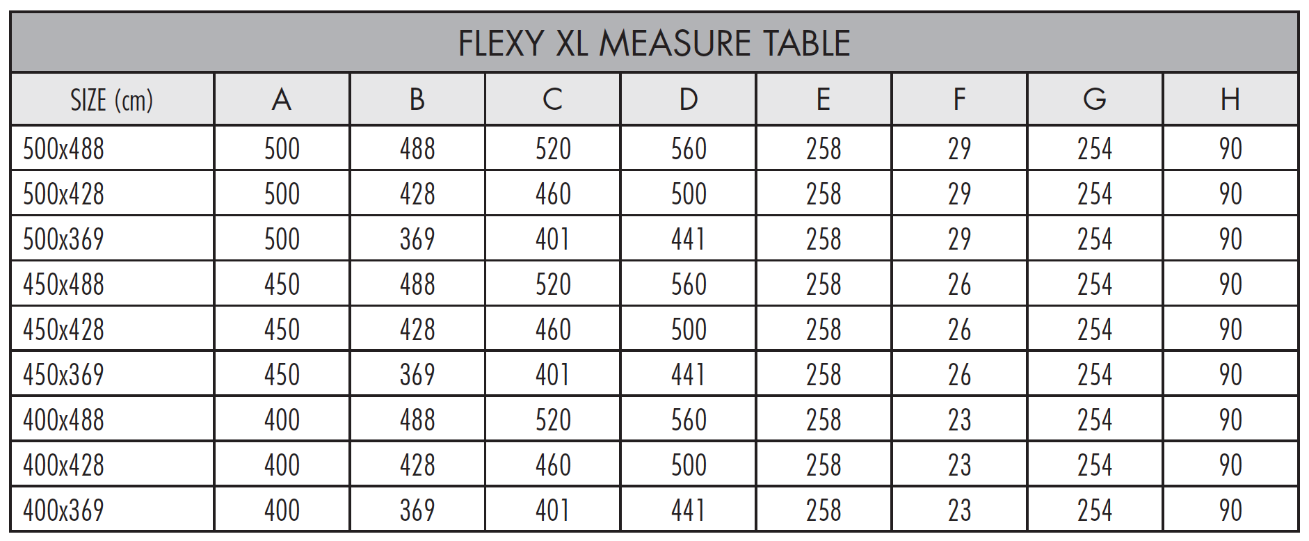 Dimensions Chart for Flexy XL Shade System