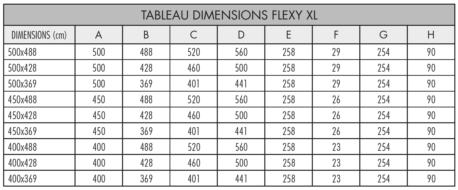 Tableau Valeurs Dimensions Parasol Flexy XL par Fim