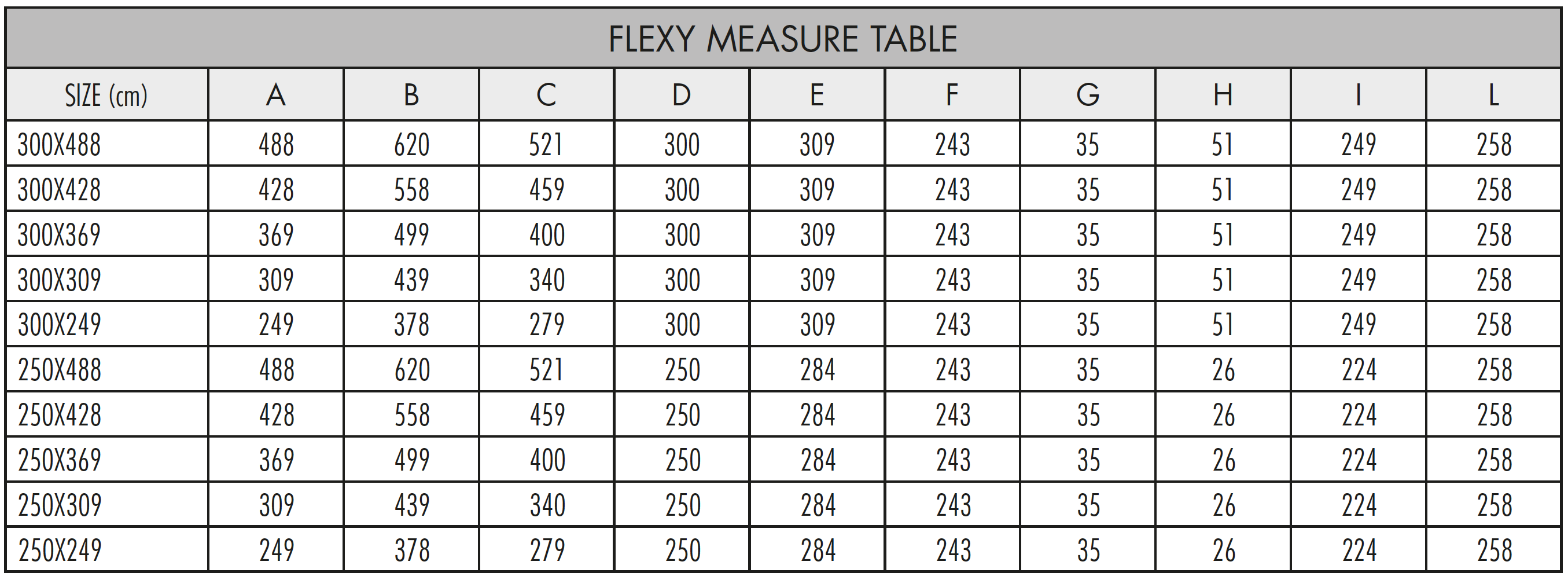 Dimensions Chart for Flexy Shade System by Fim