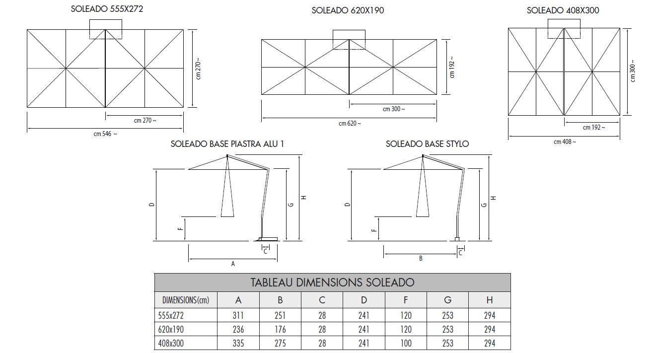 Dimensions des parasols Soleado Fim pour professionnels