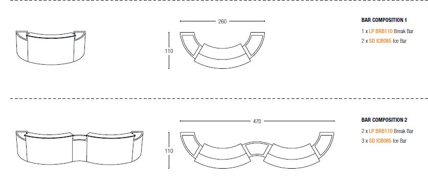 Combinaisons possibles pour les éléments de bar slide design en vente sur Barazzi