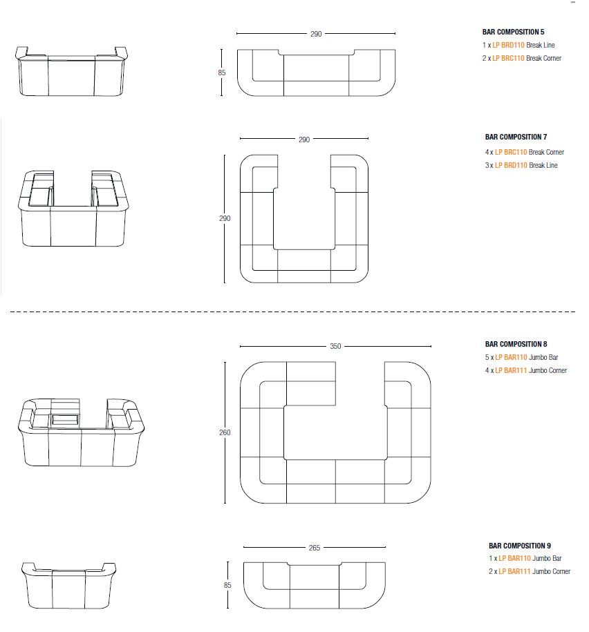 Combinaisons possibles pour les modules de bar Slide Design