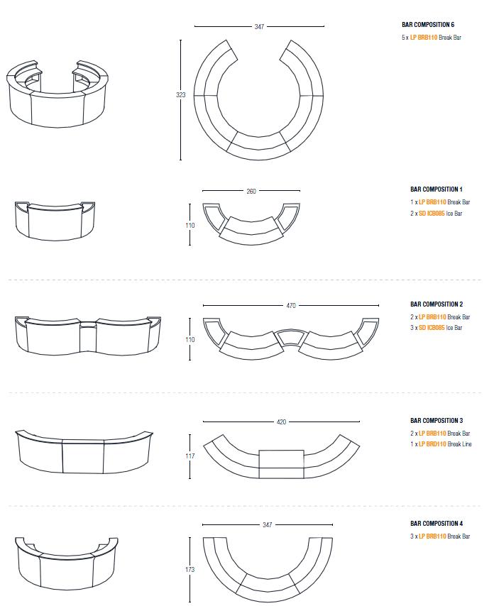 Combinaisons possible pour les modules de bar lumineux Slide Design en vente sur Barazzi