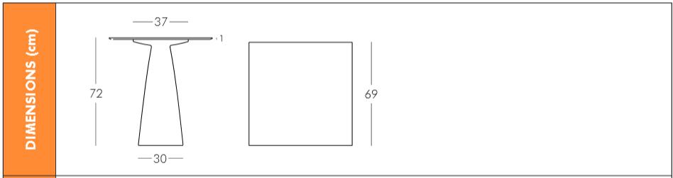 Dimension table lumineuse carrée Hopla plateau 69x69 cm