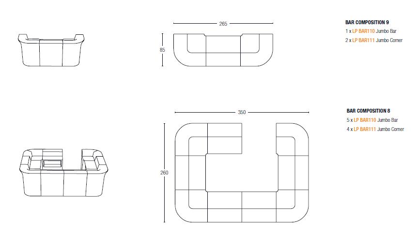 Compositions possibles avec les modules de bar lumineus sans fil Jumbo Slide Design