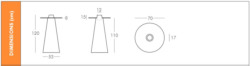 Dimensions de la table haute ronde peak Ø70 cm Slide design