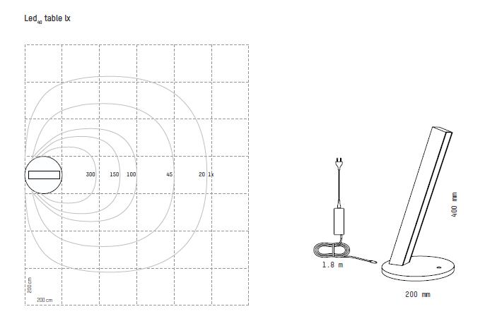 Dimensions et luminosité de la lampe de table Led40 400 Tunto
