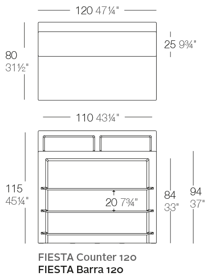 Dimensions FIESTA 120 Straight Bar Unit with Up Shelves