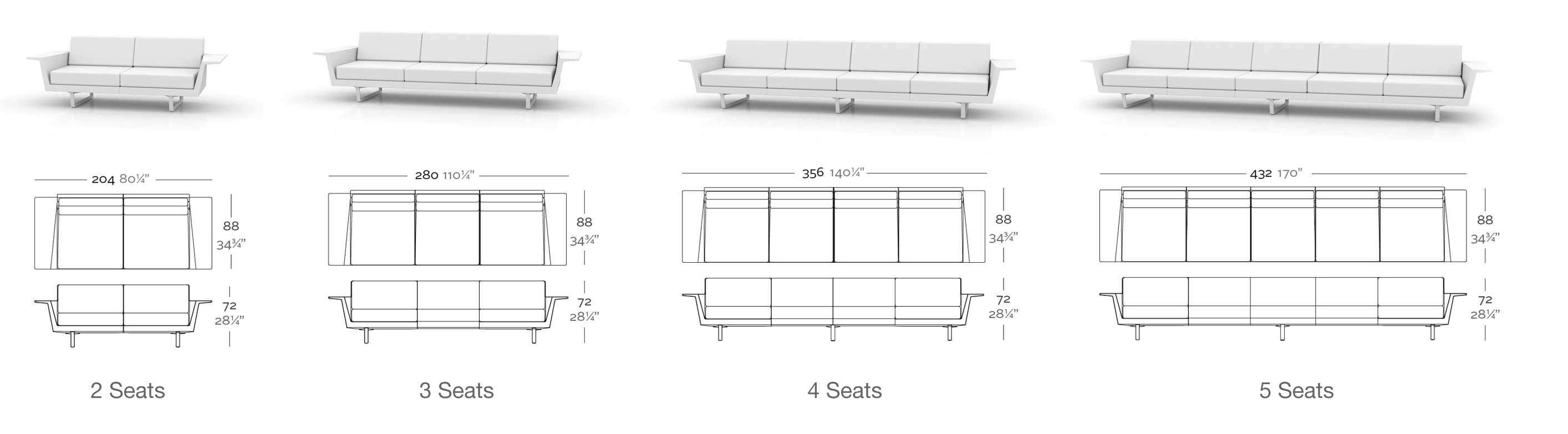 Dimensions Canapés Flat A Finition Mate par Vondom