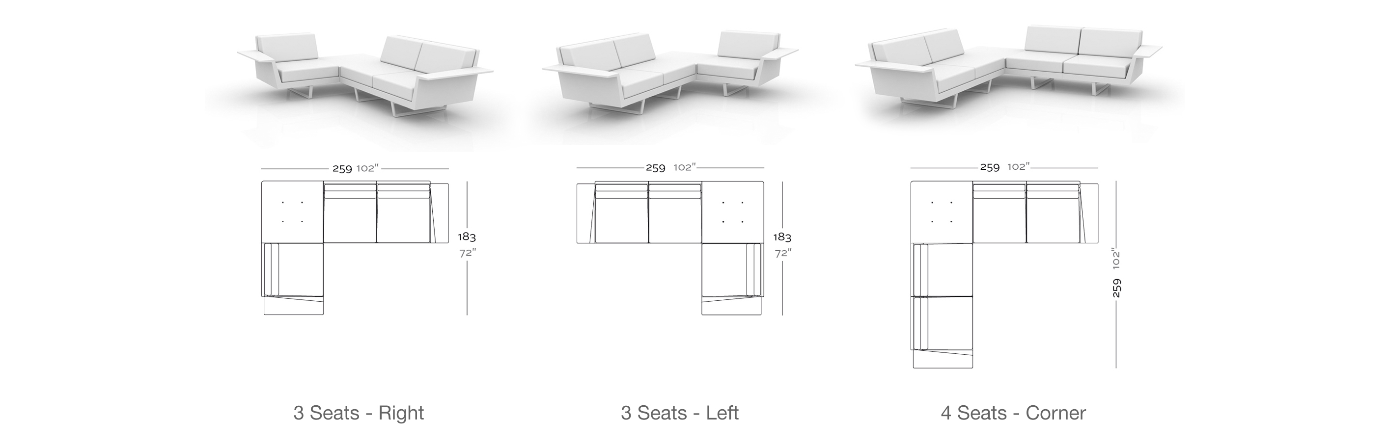 Dimensions Canape d Angle Flat Corner Finition Laquee 3 et 4 places par Vondom