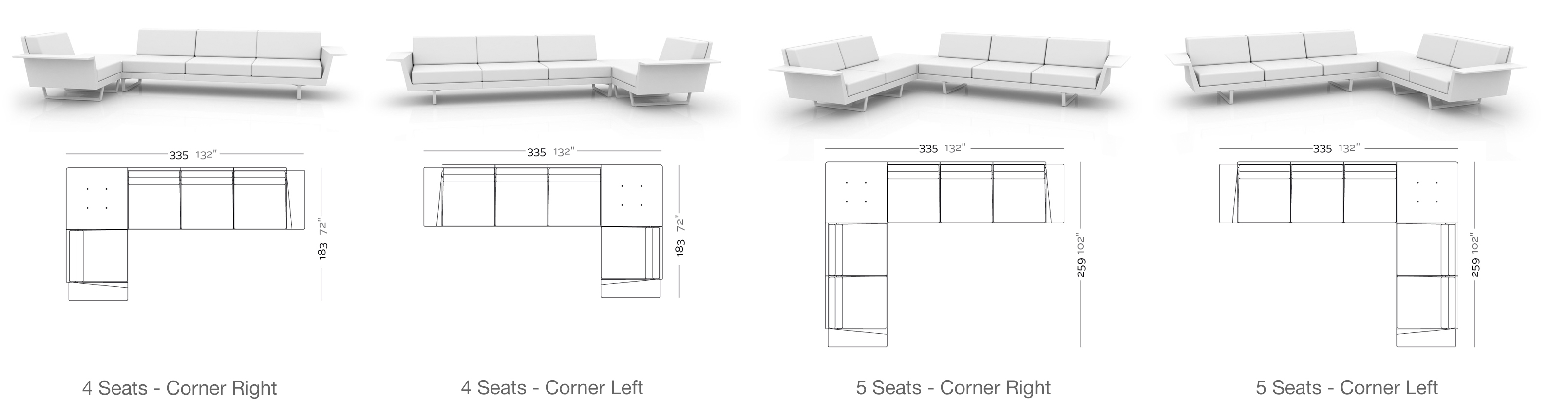 Dimensions Canape d Angle Flat Corner Finition Laquee 4 et 5 places par Vondom