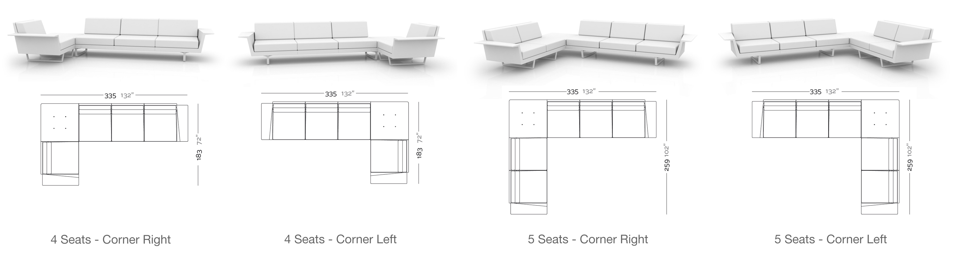 Dimensions Canape d Angle Flat Corner Finition Mate 4 et 5 places par Vondom