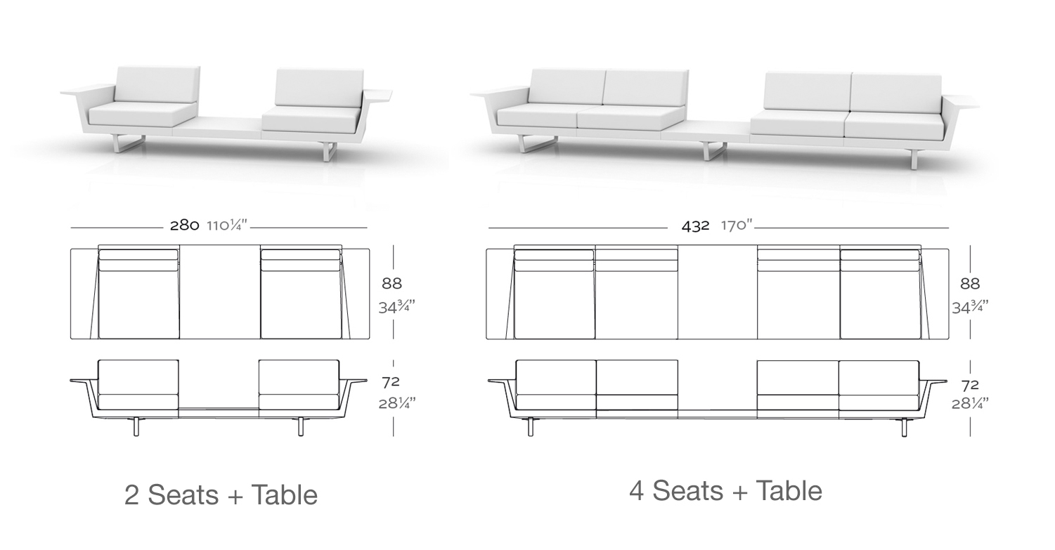 Dimensions Canape et Table Integree Flat B par Vondom