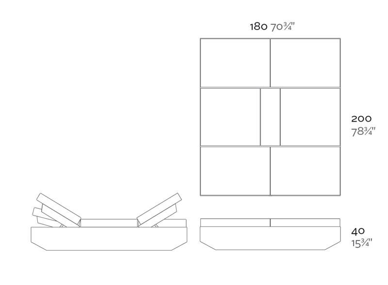 Dimensions Vela Daybed 200 Luz avec Dossiers Inclinables par Vondom